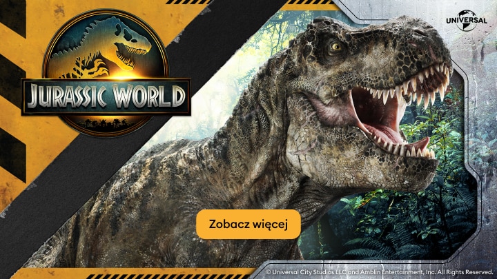 Grafika promująca film Jurassic World z wizerunkiem tyranozaura, zachęcająca do przejścia do dodatkowych informacji lub oferty.