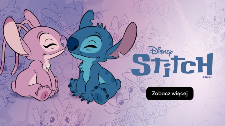 Grafika promująca kolekcję Disney Stitch z bohaterami Stitch i Angel, zachęcająca do zapoznania się z dodatkowymi treściami lub ofertą.