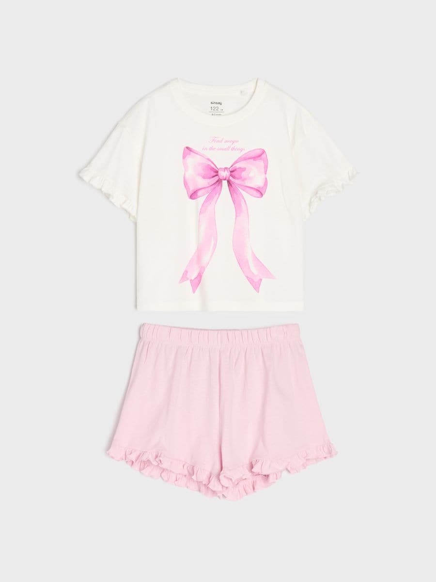 Pijama Din Bumbac Oversize cu Volane Pijama Din Bumbac Oversize cu Volane - alb - SINSAY