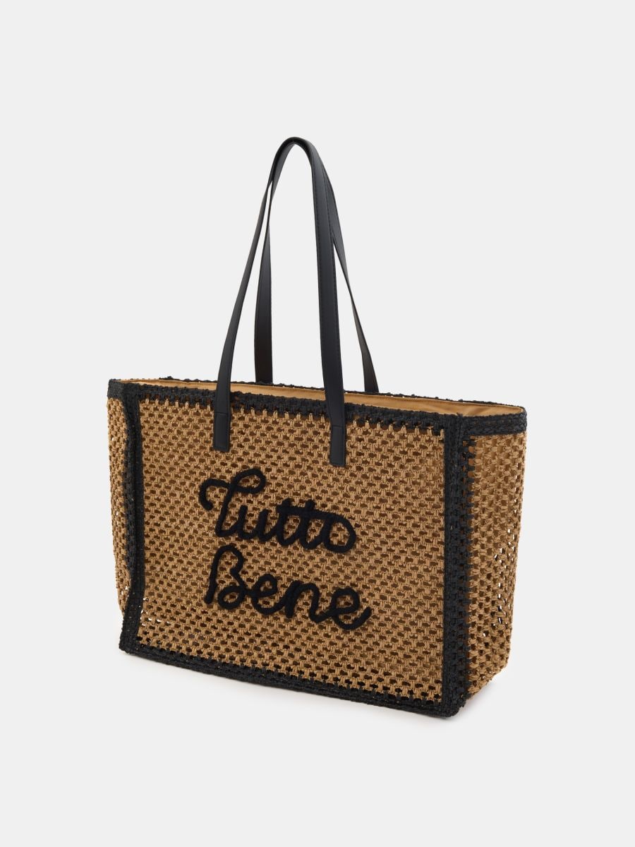 Duża pleciona torba typu shopper z napisem - beżowy - SINSAY