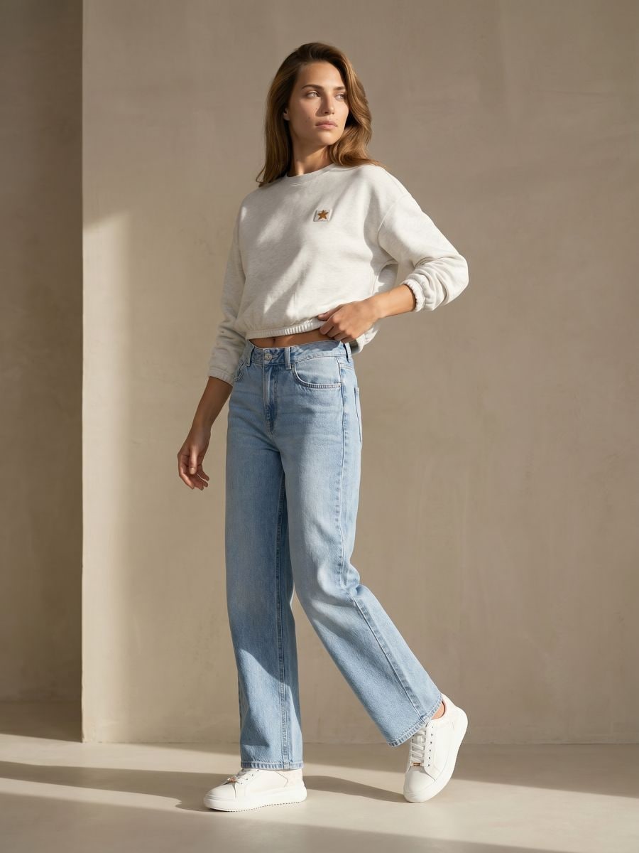 Pantaloni din denim wide straight leg cu efect prespălat Pantaloni din denim wide straight leg cu efect prespălat - albastru - SINSAY