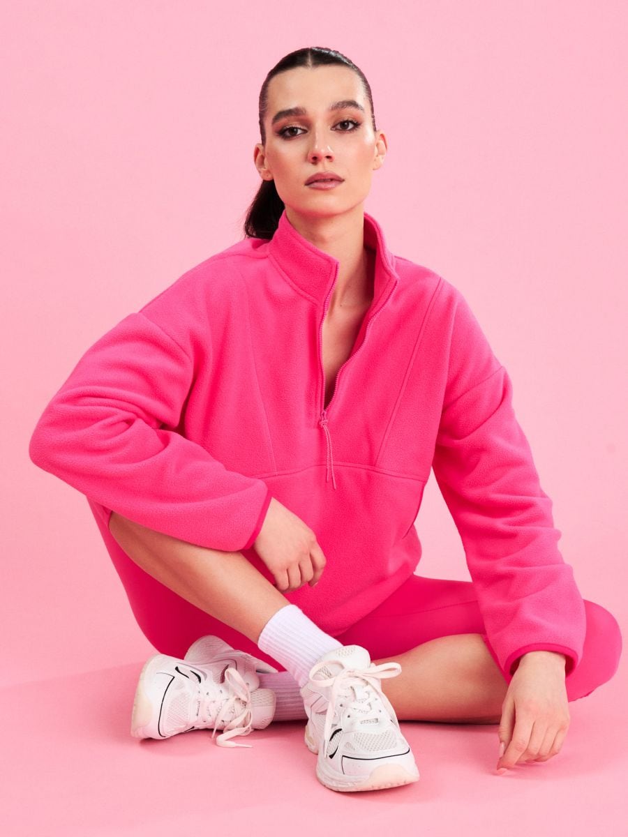 Polarowa bluza half-zip ze stójką i ściągaczami Gym Hard - różowy - SINSAY