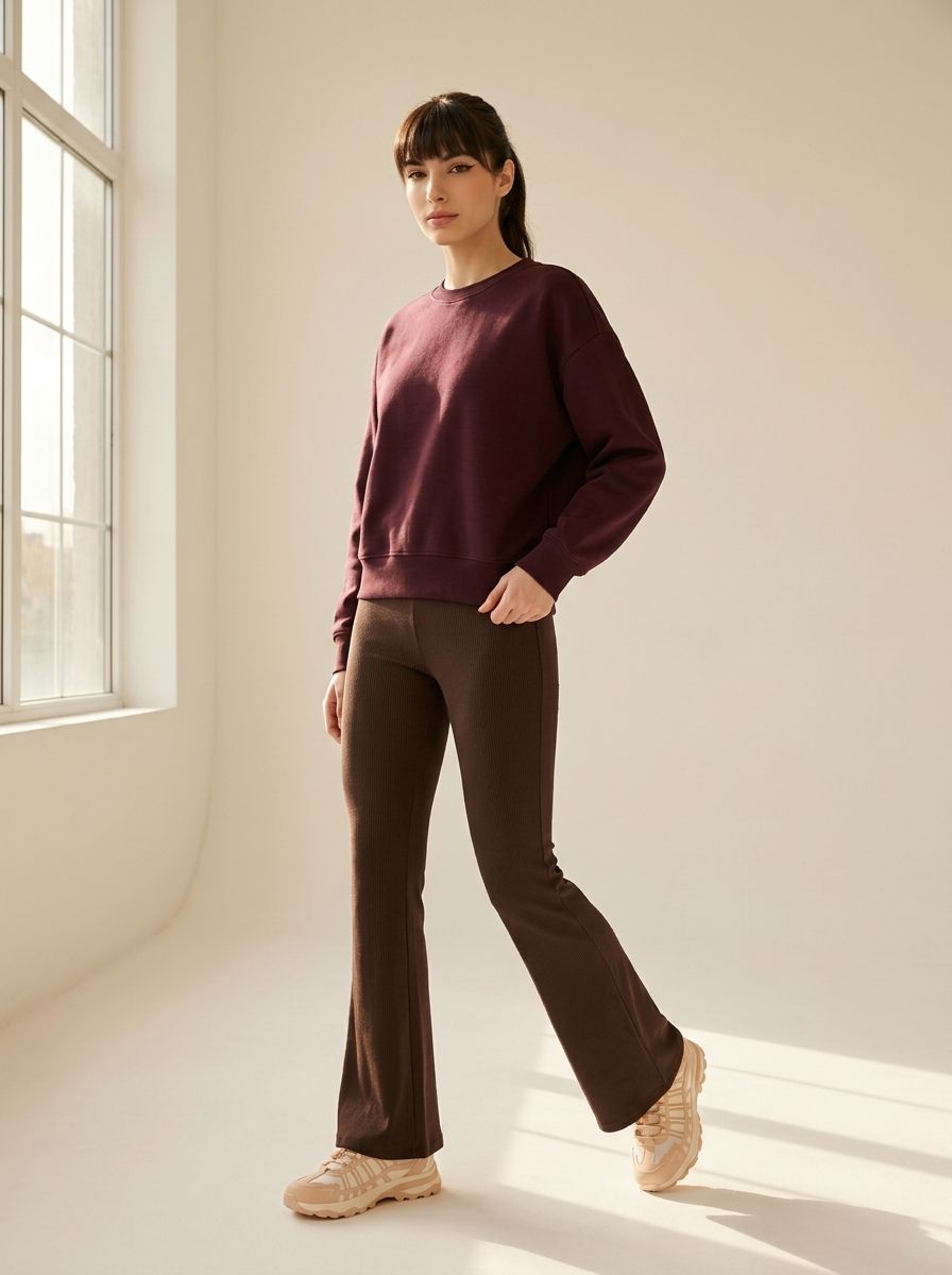Bawełniane legginsy flare w prążek Bawełniane legginsy flare w prążek - brązowy - SINSAY