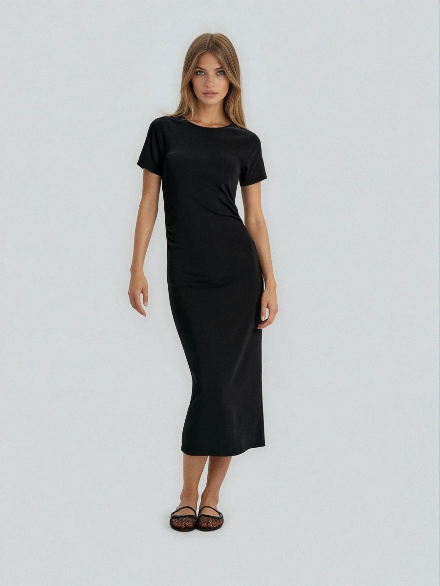 Rochie midi din bumbac cu drapaj lateral Rochie midi din bumbac cu drapaj lateral - negru - SINSAY