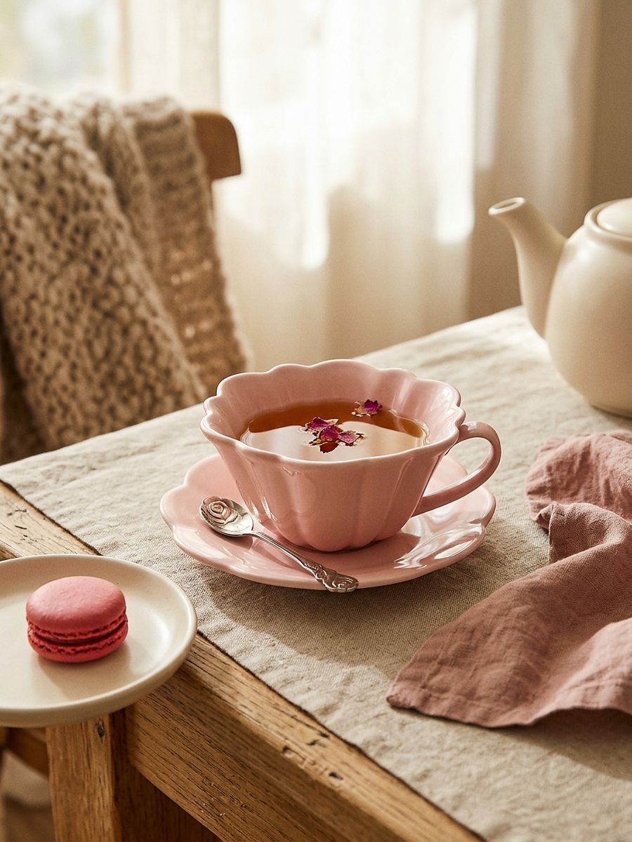 Ceașcă și farfurioară din ceramică cu formă ondulată, florală Ceașcă și farfurioară din ceramică cu formă ondulată, florală - roz-pastel - SINSAY