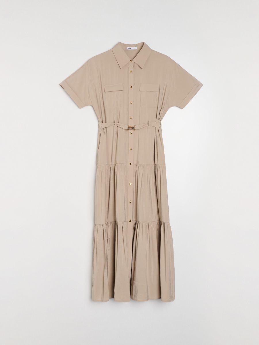 Rochie tip cămașă maxi cu efect ruching, cu viscoză Rochie tip cămașă maxi cu efect ruching, cu viscoză - bej - SINSAY