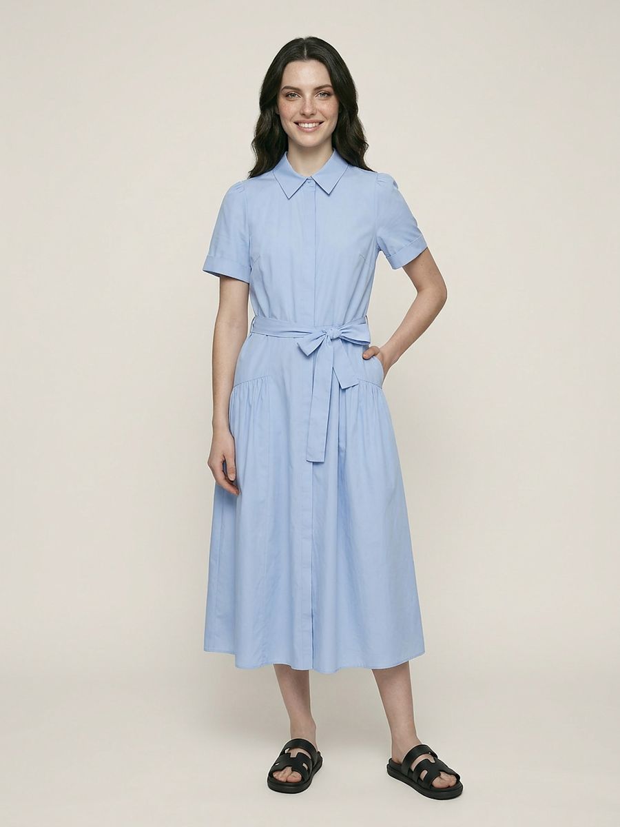 Rochie midi tip cămașă din bumbac cu mânecă scurtă Rochie midi tip cămașă din bumbac cu mânecă scurtă - light blue - SINSAY