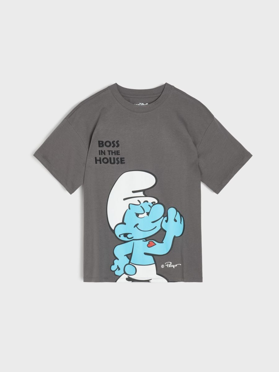 Bawełniana koszulka oversize z nadrukiem The Smurfs - szary - SINSAY