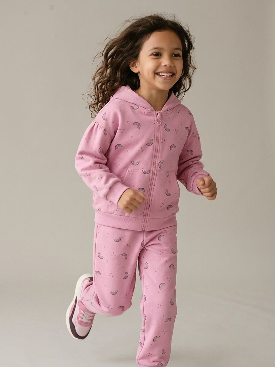 Rozpinana bluza z kapturem z motywem tęczy z dzianiny fleece Rozpinana bluza z kapturem z motywem tęczy z dzianiny fleece - różowy - SINSAY