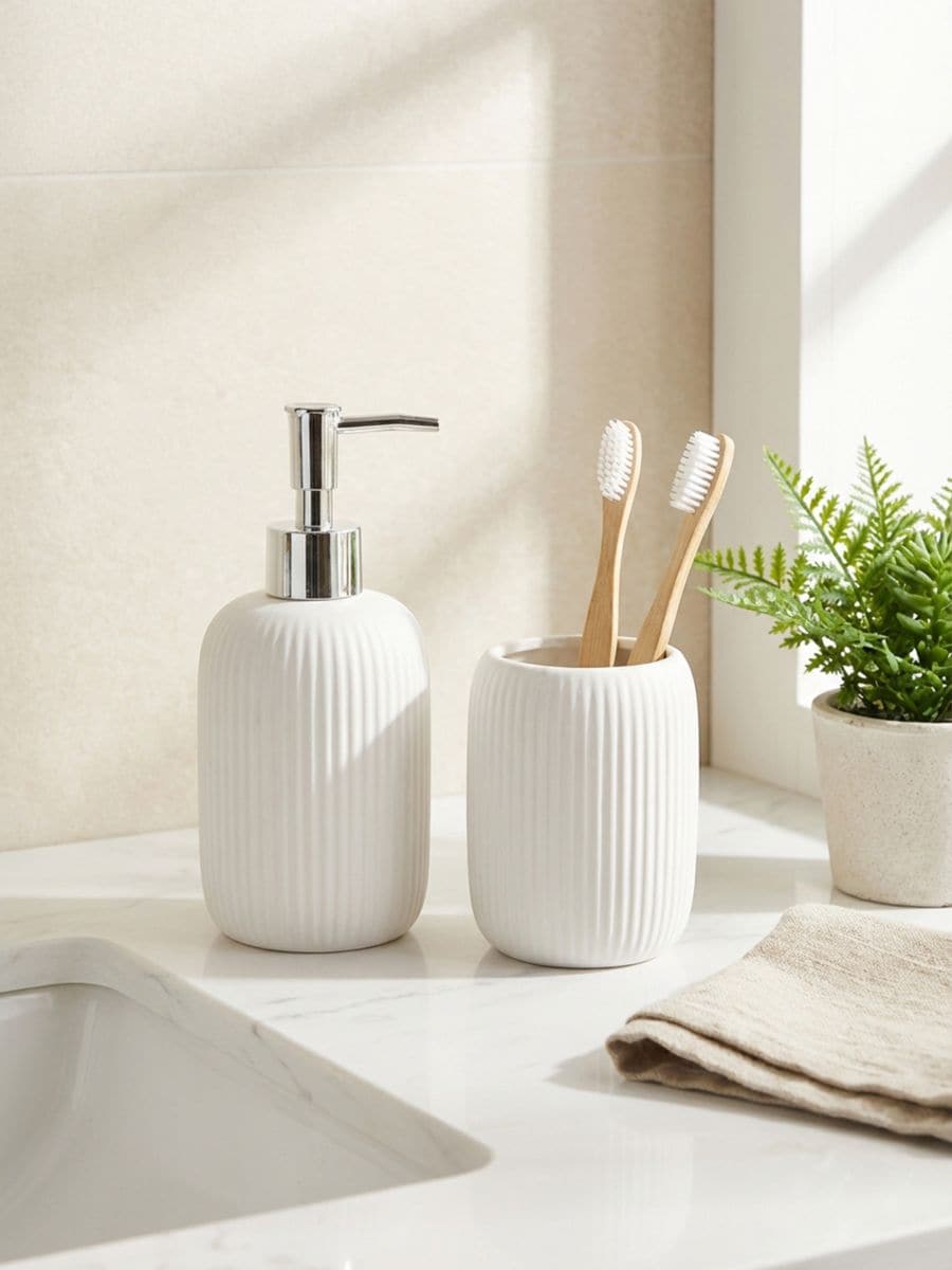 Ceramiczny zestaw łazienkowy z ryflowaniem – dozownik i kubek Ceramiczny zestaw łazienkowy z ryflowaniem – dozownik i kubek - biały - SINSAY