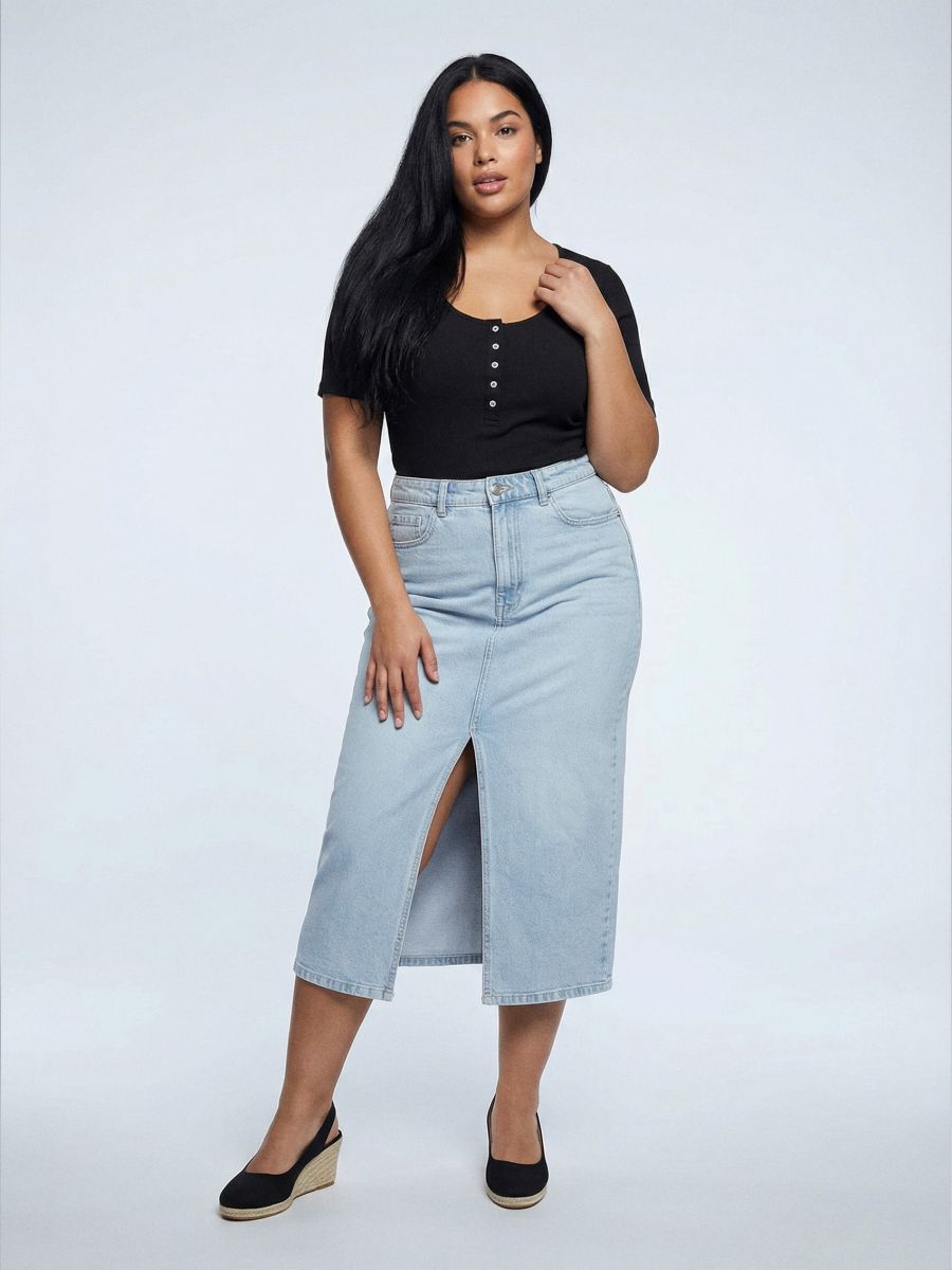 Jeansowa spódnica midi z rozcięciem Plus size - niebieski - SINSAY