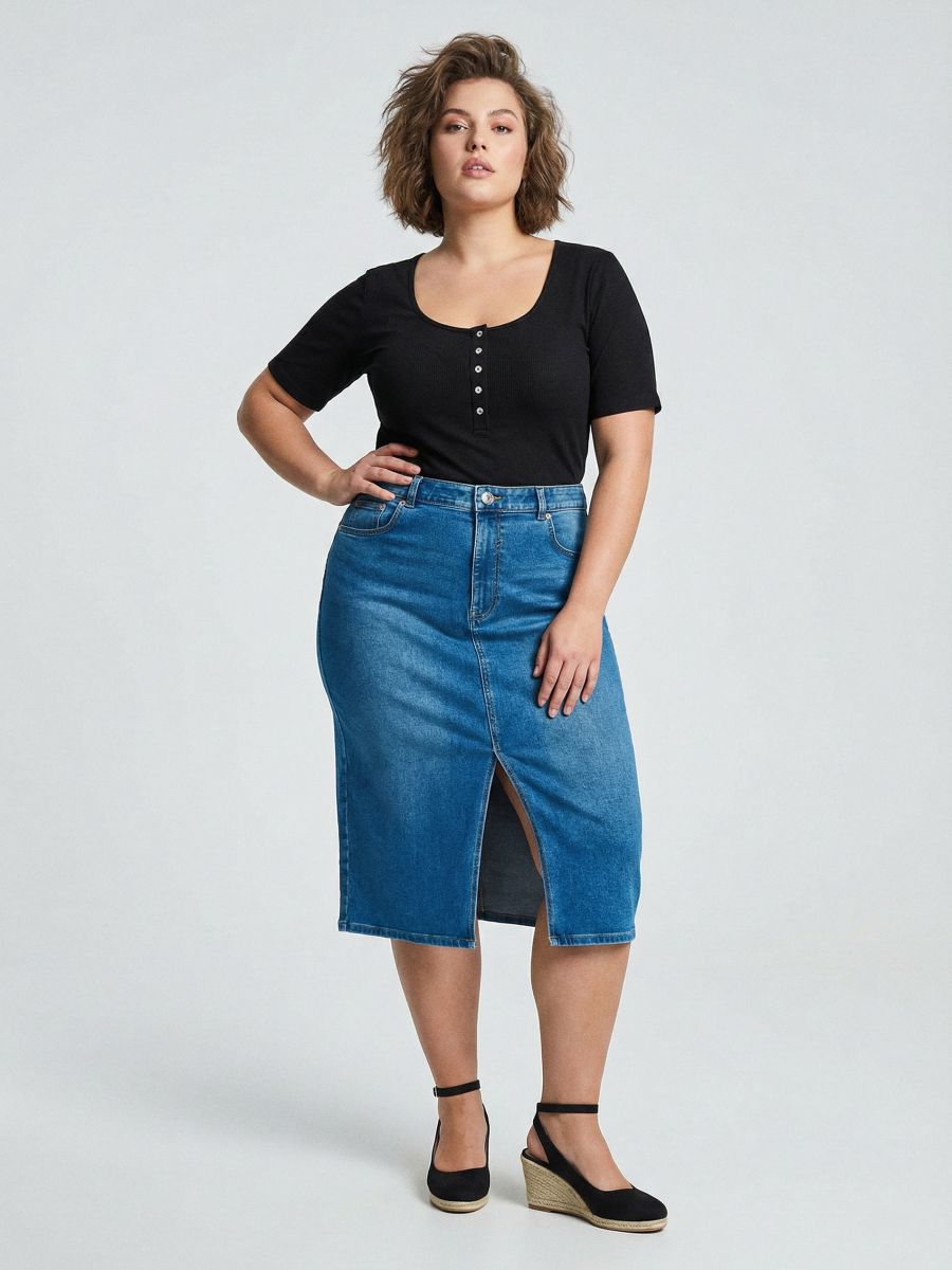Jeansowa spódnica midi z rozcięciem Plus size - niebieski - SINSAY