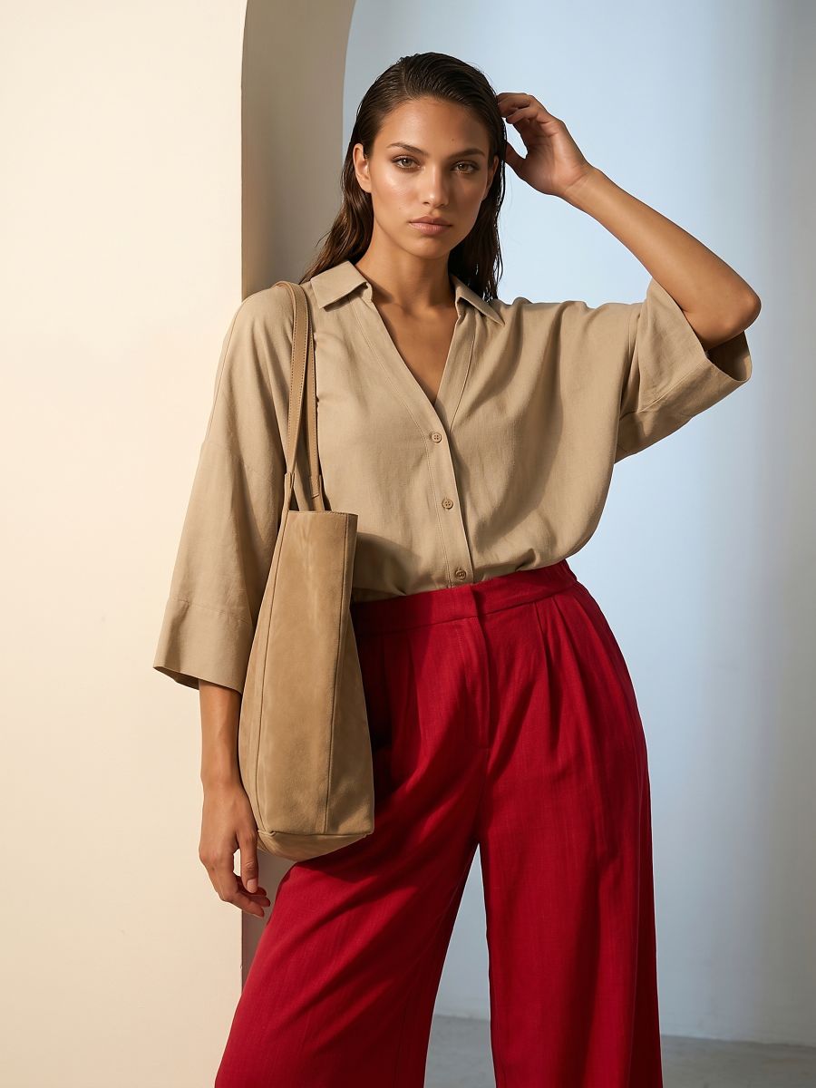 Cămașă oversize cu mânecă scurtă din viscoză cu amestec de in Cămașă oversize cu mânecă scurtă din viscoză cu amestec de in - bej - SINSAY