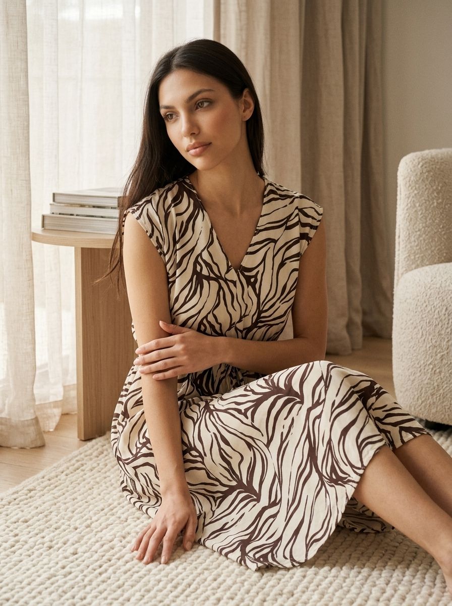 Rochie midi din vâscoză cu imprimeu abstract Rochie midi din vâscoză cu imprimeu abstract - maro - SINSAY