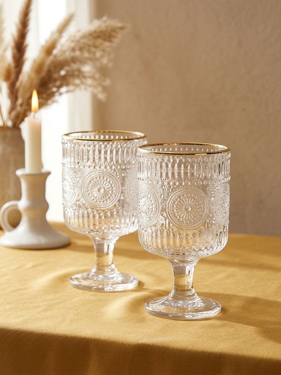 Zestaw kieliszków z tłoczonym wzorem i złotą obwódką 2 pack - clear - SINSAY