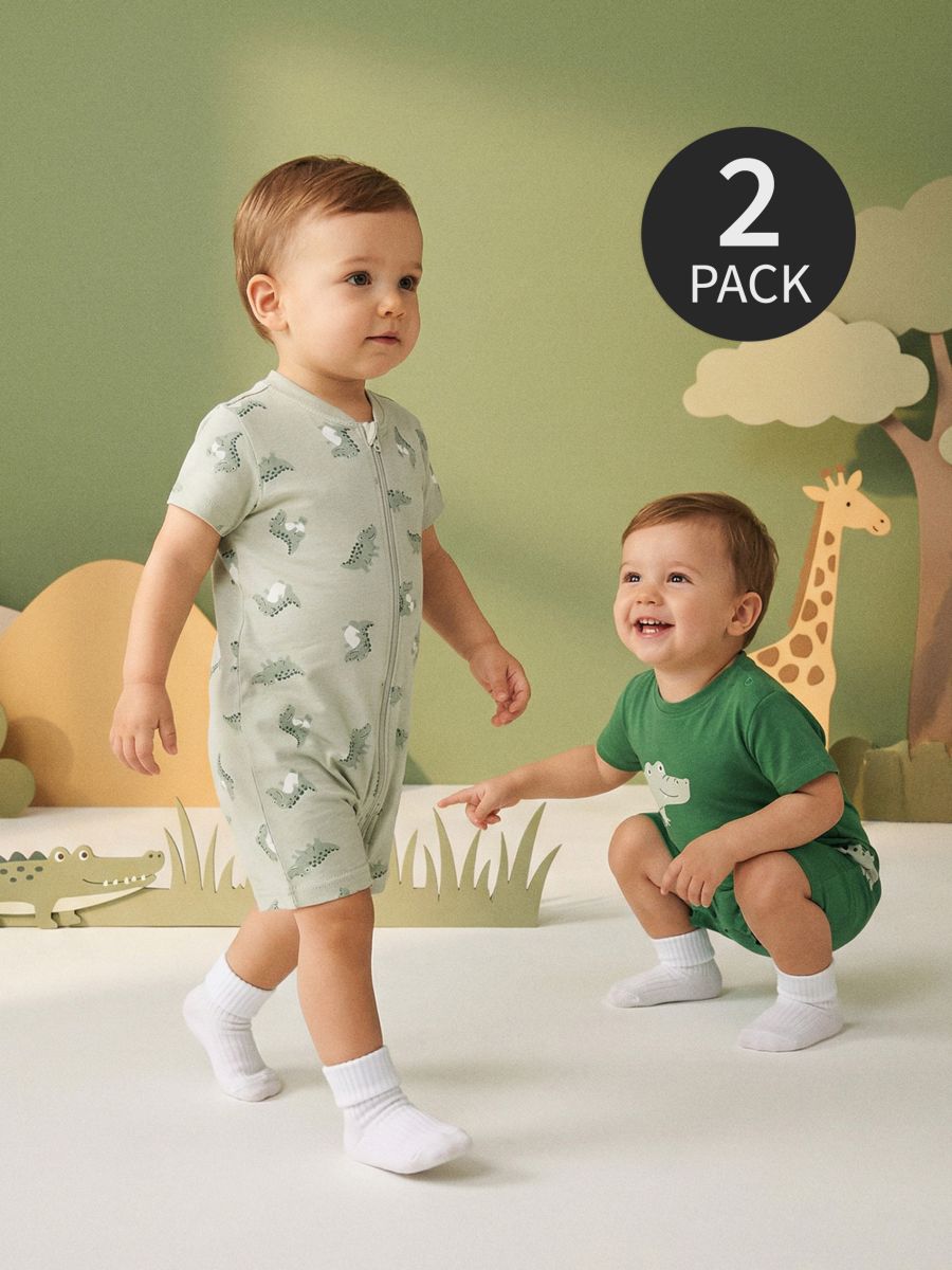 Bawełniane rampersy z nadrukiem krokodyli 2 pack Bawełniane rampersy z nadrukiem krokodyli 2 pack - zielony - SINSAY