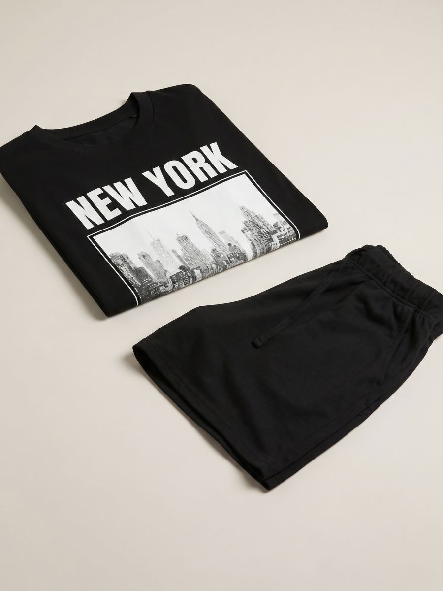 Pijama din bumbac, din două piese, cu motiv NYC - negru - SINSAY