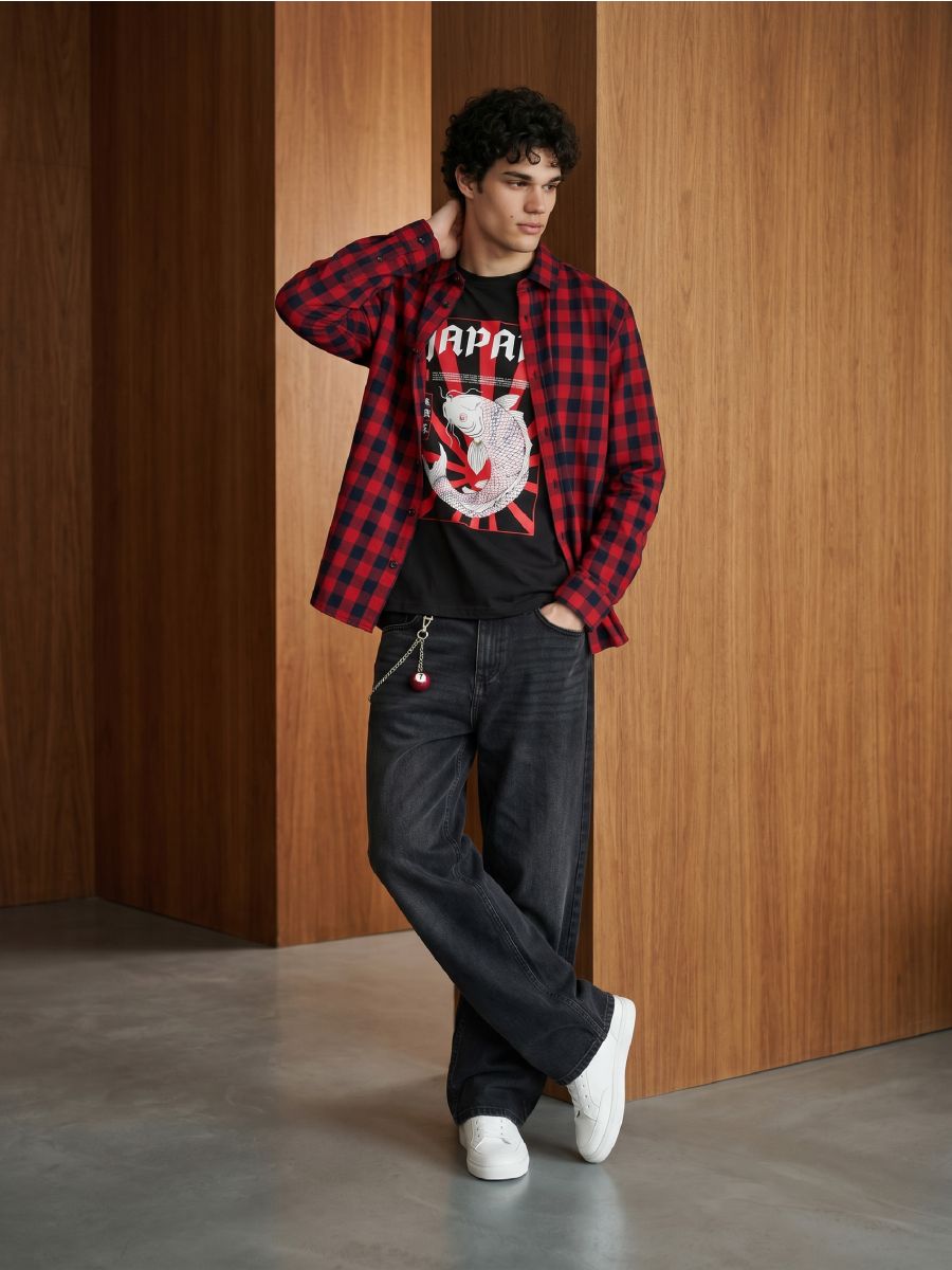 Tricou din bumbac cu motiv japonez - albastru metalizat - SINSAY
