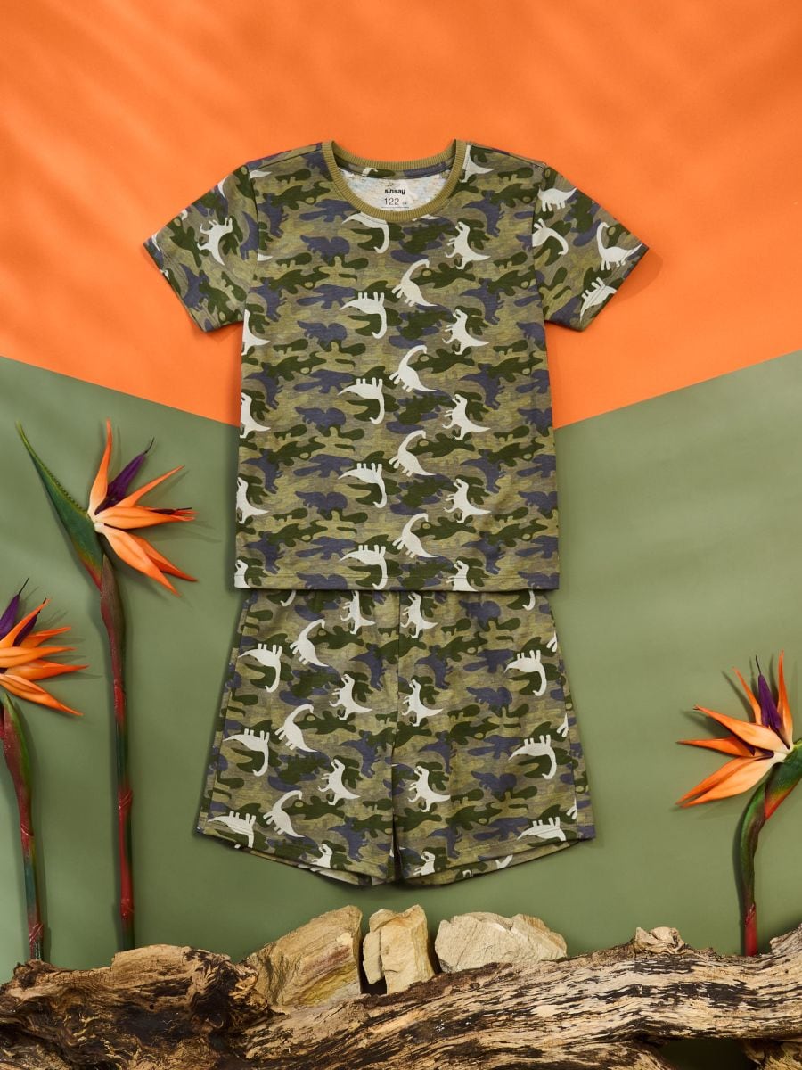 Pijama din două piese cu motiv de dinozauri - kaki - SINSAY