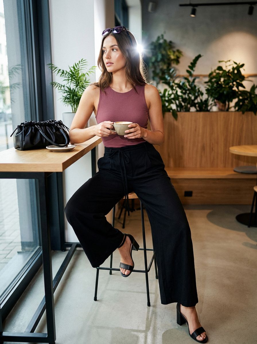 Pantaloni largi cu amestec de in - negru - SINSAY